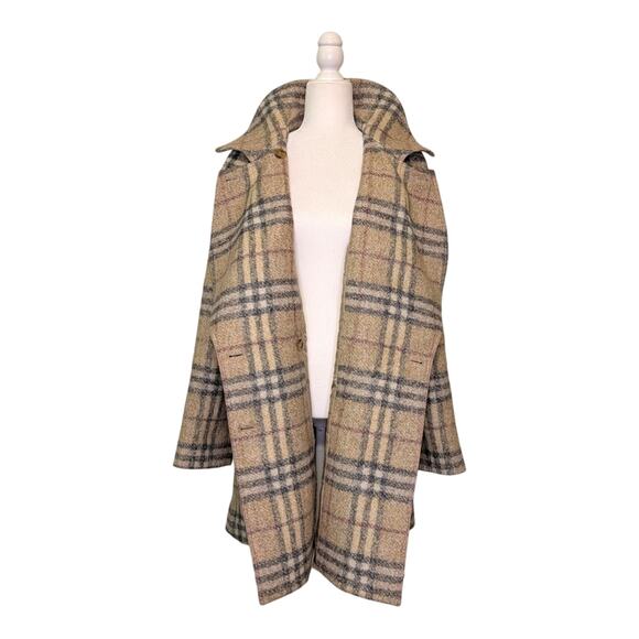 Burberry Nova Check Plaid Wool Double Breasted Long Coat Beige Navy Red 14 - Picture 4 of 11